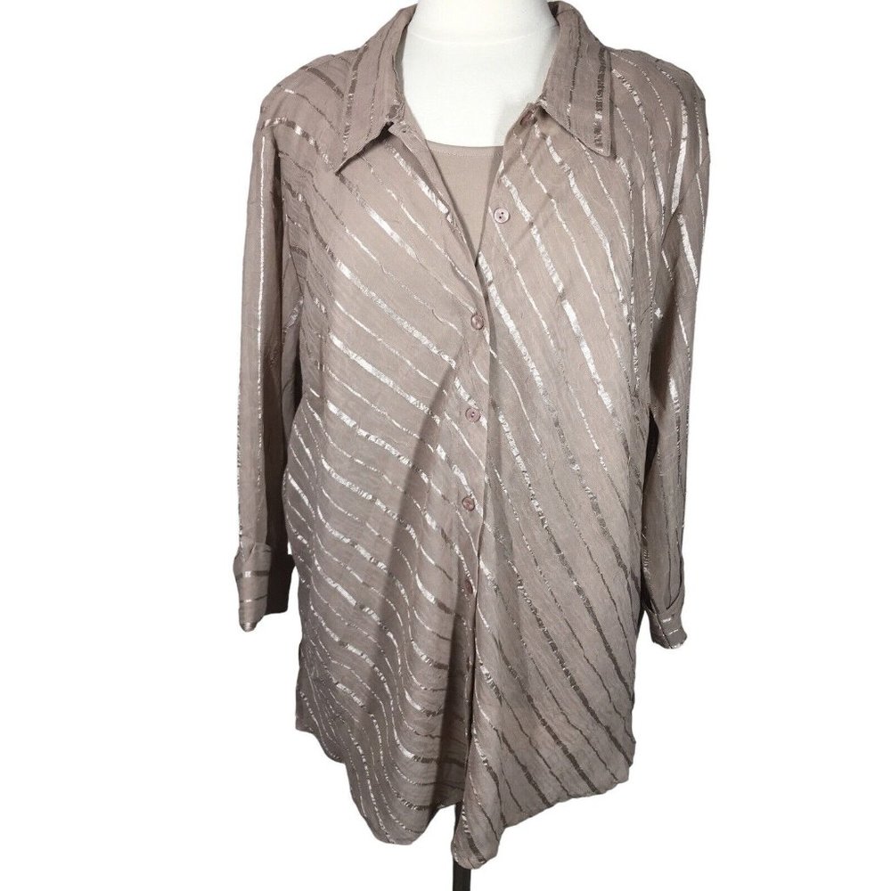 Club Z Collection Womens 3X Beige Satin Stripe 2 Piece Top  & Tank NEW